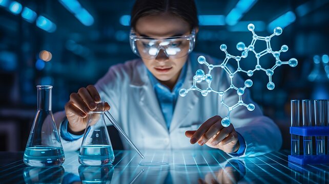Scientist using futuristic digital interface for advanced laboratory research
