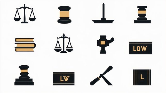grid of black and gold legal icons showing scales of justice, gavels with blocks, stacked law books, podium, trophy cup, labeled plaques and initials, conveying formal authoritative professionalism