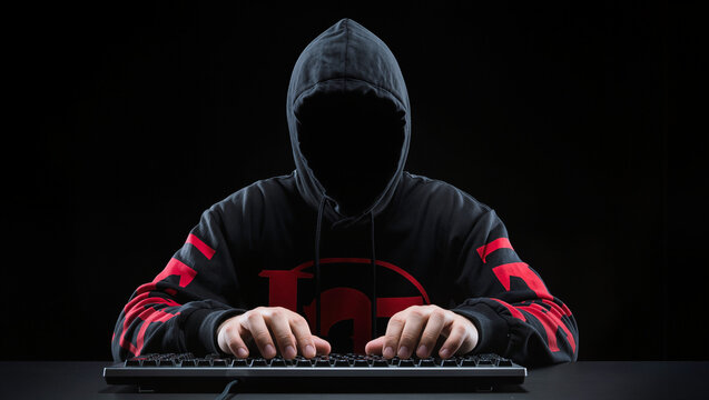 Front angle shot , a cyber crime in black hood no face working with computer in the black room.