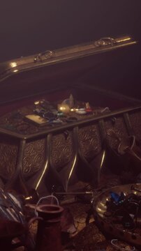 A wooden treasure chest lies open, showing a collection of objects inside. The light is low, highlighting different shapes and colors among the items. The setting feels mysterious and old.