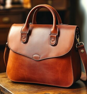 Elegant warm brown leather satchel handbag with top handles and detachable shoulder strap on wooden table, polished stitching and cozy inviting mood