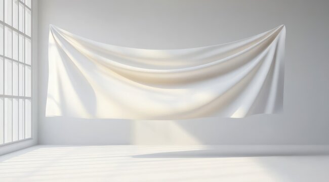 Soft white draped fabric suspended against a pale wall in a sunlit minimalist room with large grid window and gentle shadows, creating a calm and airy atmosphere