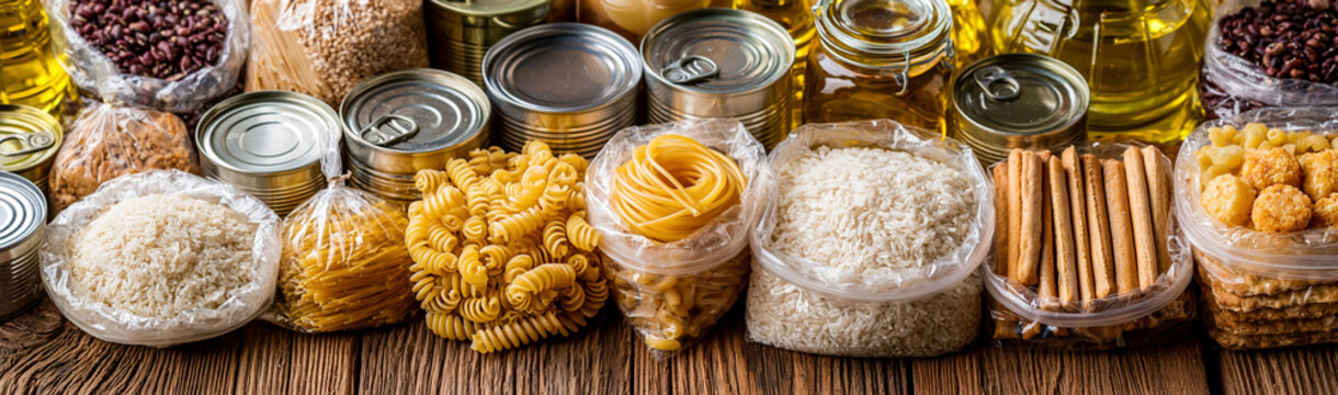Pantry Essentials: A bountiful arrangement of non-perishable food items, including canned goods, pasta, rice, beans, and oil, neatly organized on a rustic wooden surface.