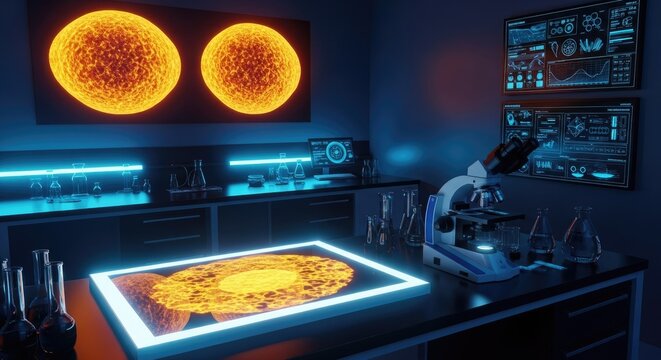 Scientists in a laboratory examining a glowing sample on a digital table with a microscope and screens displaying data.