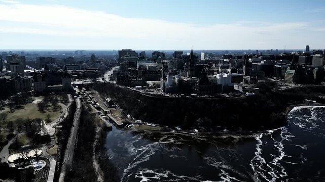 Aerial panoramic view of downtown Ottawa, Parliament Hill and Ottawa River, Ontario, Canada. g.