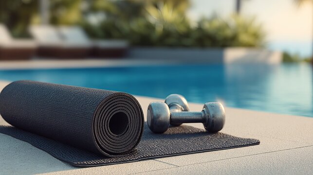 Rolled black yoga mat and metallic dumbbell sitting on a concrete surface near a bright blue swimming pool water outdoors