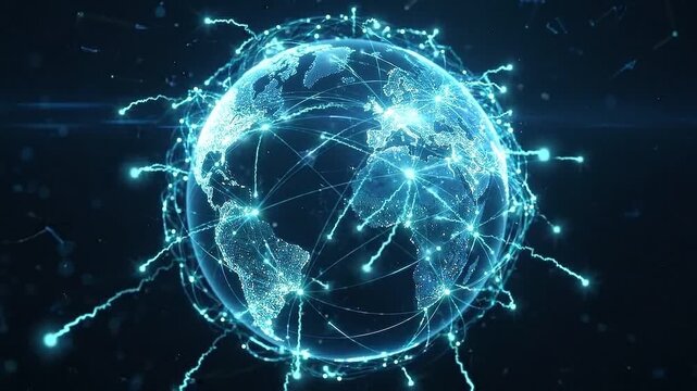 Global network cloud connection glowing digital earth sphere with illuminated continents and data points representing worldwide communication technology innovation in futuristic style
