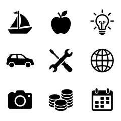 Obraz premium Business and Lifestyle Icon Set - Sailboat, Apple, Idea Bulb, Car, Repair Tools, Globe, Camera, Coins and Calendar Vector Icons