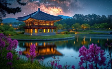 Obraz premium Illuminated traditional pavilion on a small island in a reflective pond at night, blooming pink flowers in the foreground under a starry Milky Way sky, tranquil and peaceful mood