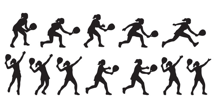 Female padel tennis player action pose motion sequence silhouette vector set