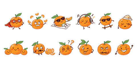 Obraz premium Hand drawn orange tangerine citrus fruit mascot character emoticon sticker vector set