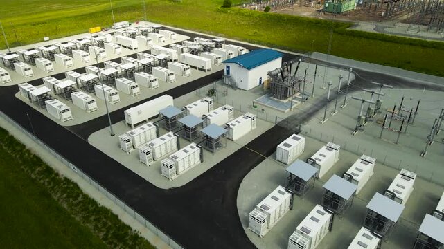 High angle view showcasing a modern BESS facility featuring rows of white energy storage containers and an adjacent high voltage electrical substation, illustrating renewable energy infrastructure