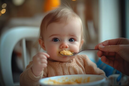 blonde baby in a knit sweater sitting in a high chair being spoon-fed from a bowl by an adult hand in a warm, cozy indoor mealtime scene showing curiosity and contentment