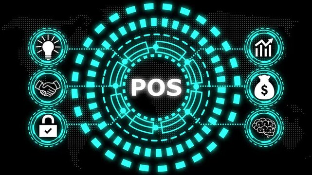 A glowing blue circular diagram with the word pos in the center and six surrounding icons representing business concepts.