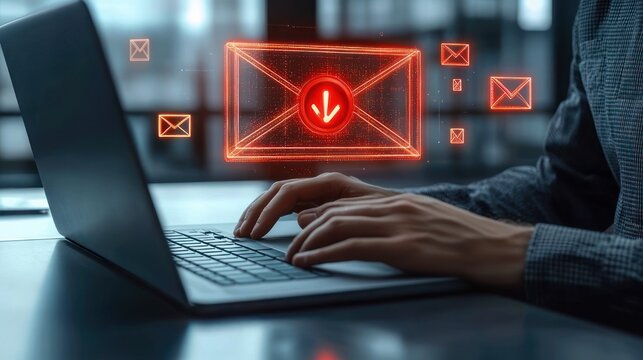 Hands typing on a laptop with glowing red holographic envelope notifications and a large incoming message alert conveying urgency and cybersecurity warning in a dim office