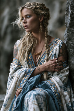 Frigga Aesir Norse goddess beside ancient stone wearing ceremonial robes reflecting destiny wisdom and eternal divine grace