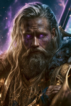 Heimdall Aesir celestial guardian illuminated by mystical energy guarding Bifrost with sacred sword and eternal divine perception