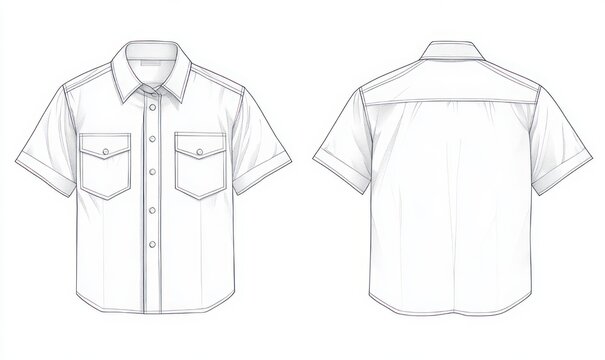 technical pencil flat sketch of a short-sleeve button-up shirt showing front and back views with collar, button placket, two chest flap pockets, folded cuffs and back yoke, neutral professional mood