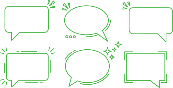 Green speech bubble doodle vector set with blank chat box message clouds text frames and line art icons