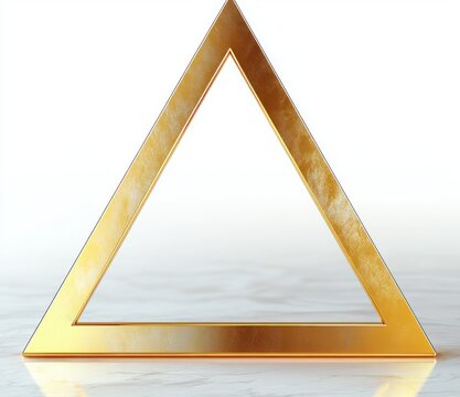 golden hollow equilateral triangle frame standing on polished marble surface with soft white gradient background, minimal elegant and calming composition
