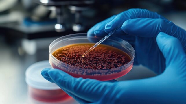 gloved hands holding a petri dish with orange bacterial colonies on red agar, a pipette touching the culture beside a microscope conveying careful scientific focus