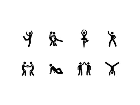  collection of eight black-and-white stick figure icons showing different dance styles and movements, arranged in a 2x4 grid on a white background.