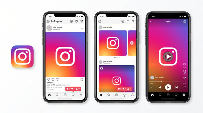 Instagram style mobile application interface mockup on smartphone screens featuring home feed layout, reels video player, carousel post template, profile view, navigation and modern UI design app asse