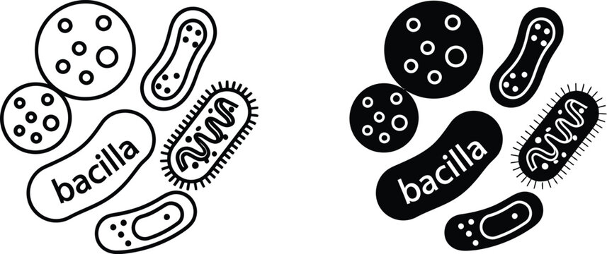 Black and white bacteria cells with bacilla labels