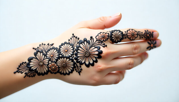 Close up of hand with intricate black henna floral tattoo design in natural light