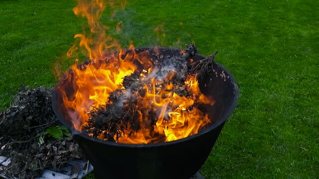 Garden waste burning intensely with bright orange flames and smoke inside a metal fire pit, safely contained on a lush green lawn during seasonal backyard cleanup and maintenance at dusk