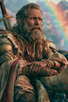 Heimdall Aesir steadfast guardian contemplating distant Bifrost with enchanted sword and radiant divine sight above legendary northern skies