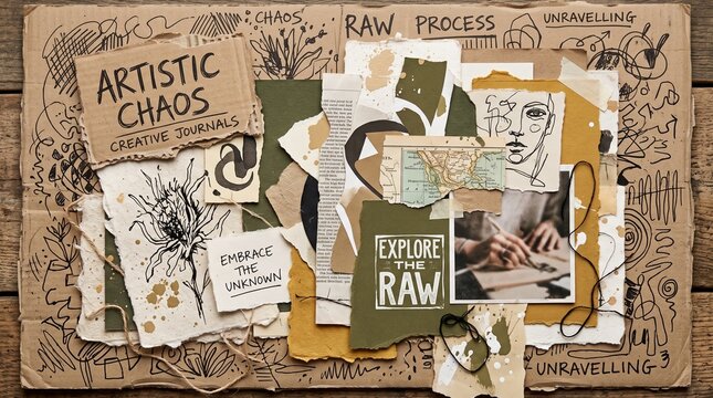  A creative collage made of torn paper scraps, hand-drawn doodles on cardboard, textured edges, uneven layering, warm beige and olive green tones, artistic chaos, professional editorial style.