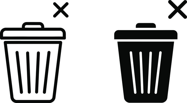 Black and white trash can icons with crosses