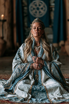 Frigga Aesir Norse goddess meditating before sacred hall embracing destiny wisdom spiritual power and maternal divine guidance