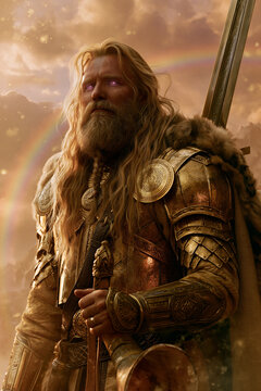 Heimdall Aesir divine watchman raising Gjallarhorn beneath glowing rainbow while guarding Bifrost with unwavering celestial vigilance forever