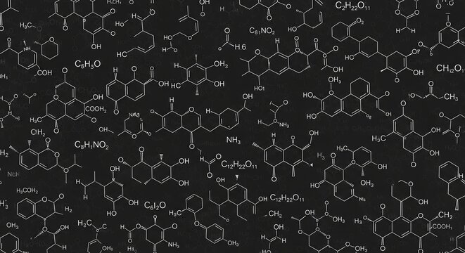Abstract dark background with many white chemical formulas and molecular structures, science