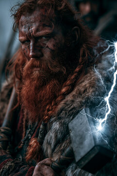 Thor Aesir Norse god wearing fur armor beneath lightning with fearless expression inspired by ancient Viking mythology