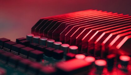 Fototapeta premium Close-up of glowing red electronic cooler and capacitors. Hardware overheating solutions and performance testing. Metal cooling fins shining brightly next to motherboard components.