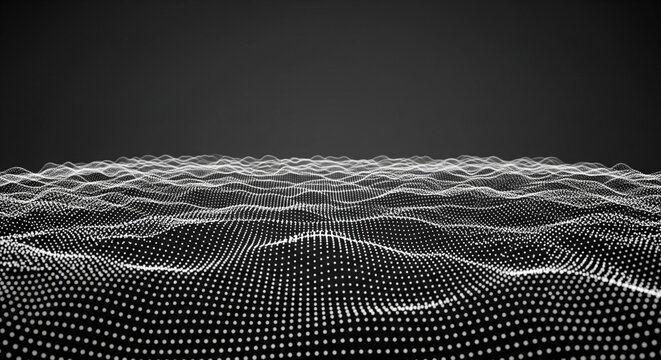 Abstract digital futuristic landscape with flowing white dots creating a dynamic 3D wave grid