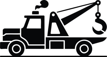 Simple graphic icon of a tow truck with a raised boom and hook for recovery operations © Lavly