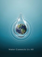 Obraz premium Connection of water and earth shines through a delicate drop in a serene blue background. World Water Week