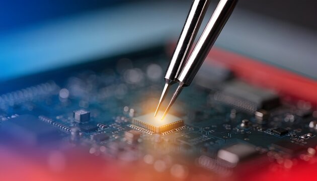 Quality inspection and electronic testing of microchips. Microscopic hardware analysis and technical validation. Precision metal dual tweezers touching a miniature electronic microchip processor.