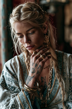 Frigga Aesir Norse goddess reflecting with sacred runes ancient jewelry serene expression and timeless Scandinavian elegance indoors
