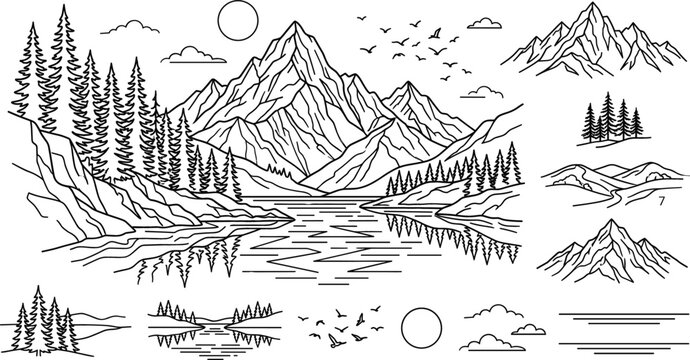 Mountain landscape doodle vector set with pine forest lake reflection peak ridge hills sun clouds birds line art