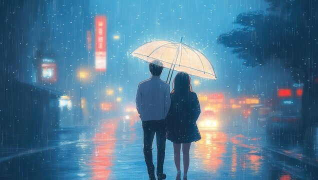 two figures sharing a transparent umbrella walking down a neon-lit rainy city street at night, warm reflections on wet pavement and a quiet romantic mood