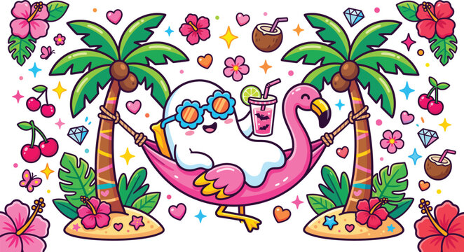 Cute ghost relaxing in a pink flamingo floaty between two tropical palm trees with flowers and summer vacation elements illustration