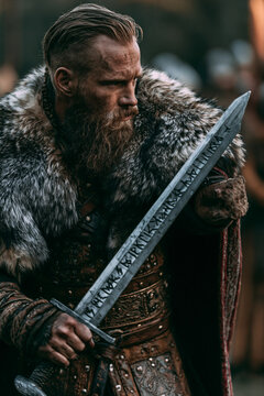 Tyr Aesir vigilant god of law examining rune sword before battle remembering the sacrifice made to bind Fenrir