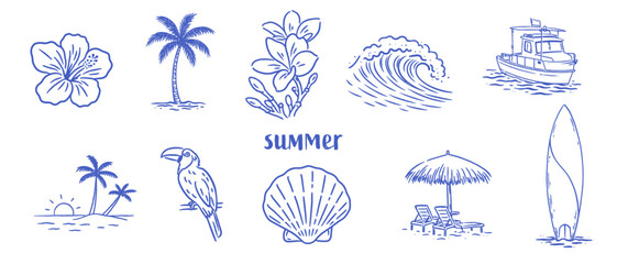 summer travel sea ocean surf doodle illustration in sketch hand drawn style. concept of Hawaii tropical grunge line graphic elements © annaspoka