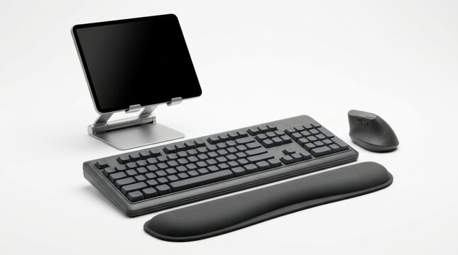 Desktop computer with keyboard mouse and wrist rest isolated on a white background