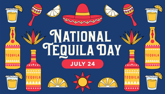 Colorful national tequila day illustration with festive mexican holiday icons